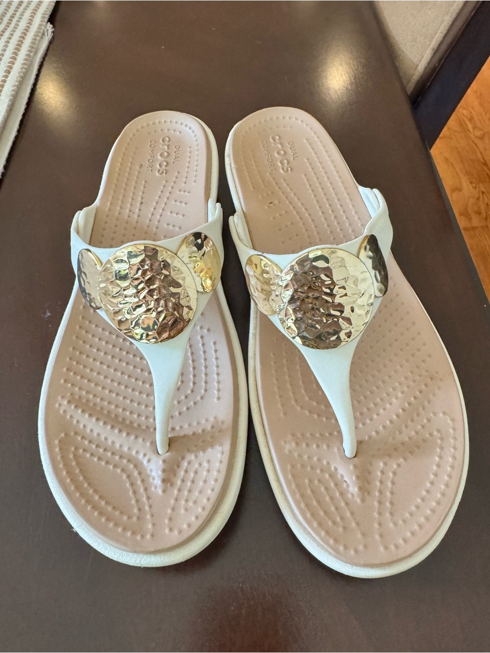 CROCS White Women’s Thong Sandals with Gold Medallions